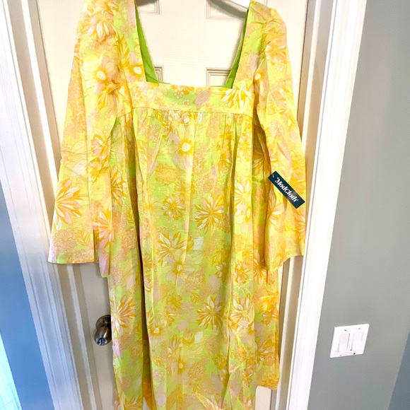 ModCloth Yellow floral retro midi dress medium smock bell sleeves pockets M - Picture 2 of 5